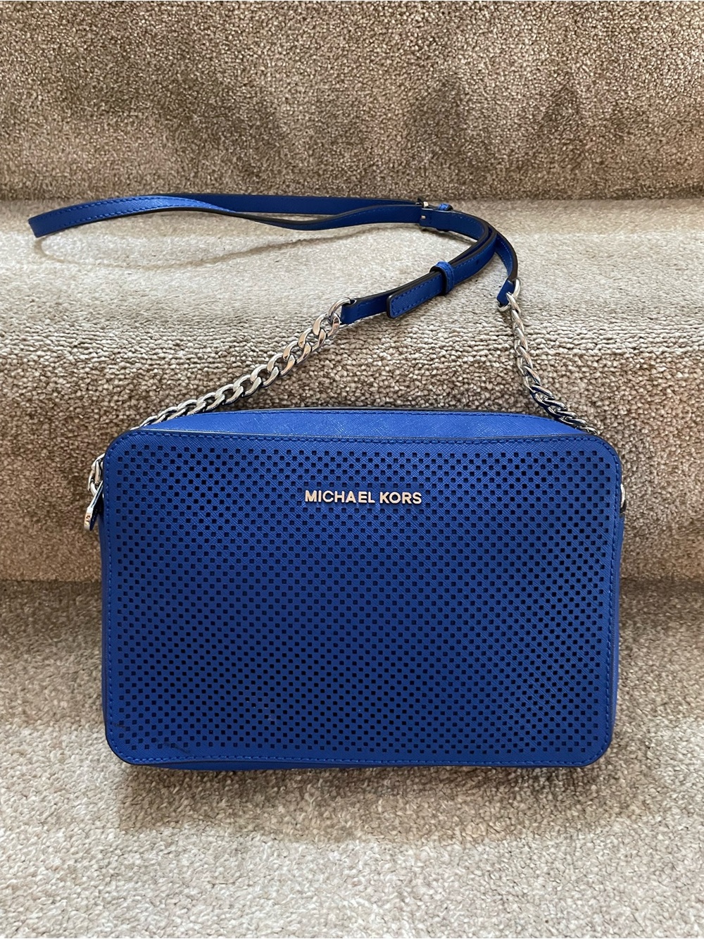 Michael Kors Electric Blue Jet Set leather Perforated Crossbody Bag